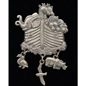 LCD Vintage Noah's Ark Pin Brooch Pewter Rustic Noah's Ark Dangle Signed BinAC